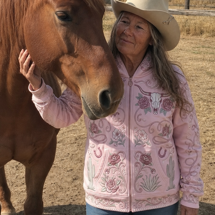 A woman wearing a light pink embroidered western-style zip-up jacket, a beige cowboy hat, and blue jeans stands outdoors next to a brown horse, touching its face. The jacket features floral and western motifs including a skull, horseshoe, and cactus.
